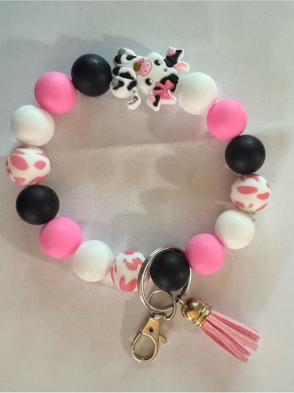 Pink Black White Cow Bead Keyring Bracelet for Kids